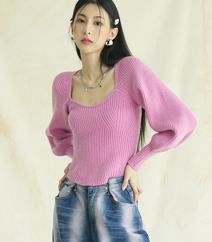Square Neck Balloon Knitwear PINK