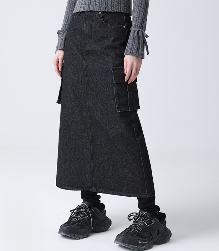 Rynn Pocket Slit Denim Long Skirt BLACK