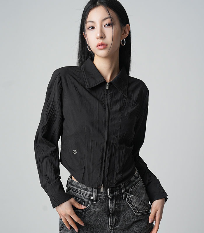 Femi Pleats Shirts Zip-up BLACK