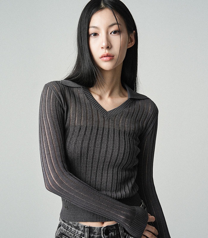 See-through V-neck Collar knit CHARCOAL