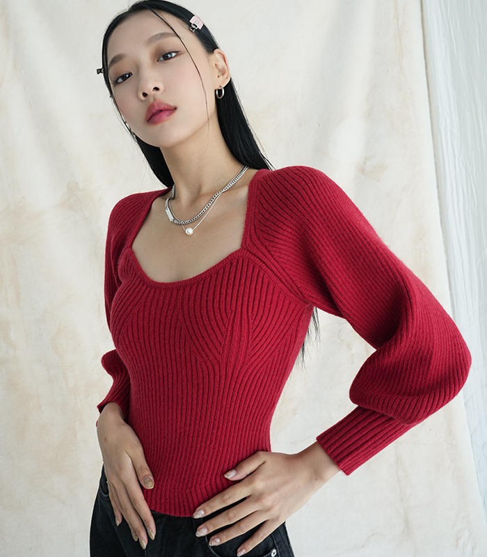 Square Neck Balloon Knitwear RED