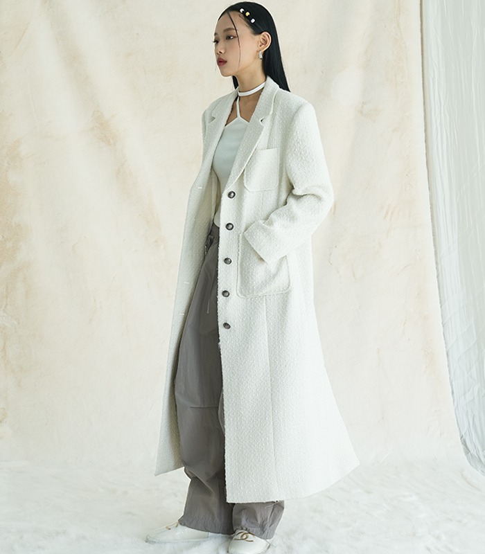 Tweed Pocket Long Coat WHITE